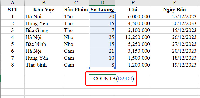 Cách sử dụng hàm đếm có điều kiện COUNTA trong Excel bằng ví dụ
