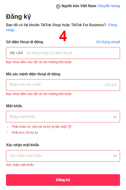 dang ky TikTok Shop bang sdt