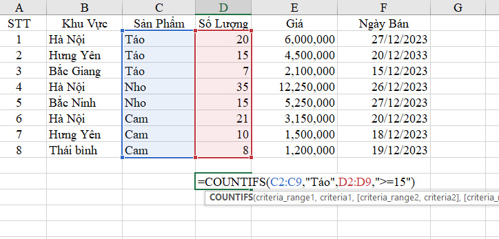 su dung ham countifs nhieu dieu kien trong excel 1