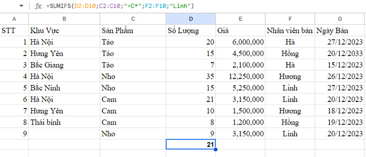 cach su dung ham sumifs trong google sheets